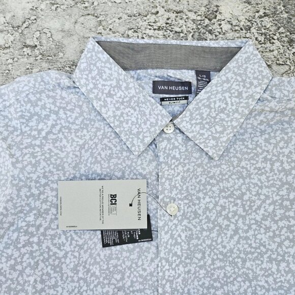 Van Heusen Men Shirt Short Sleeve Slim Fit Never Tuck White/Gray Size L/G NWT - Picture 4 of 10